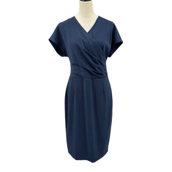 Brooks Brothers Navy Side Pleated Splice V-neck Cap Sleeve Career Sheath Dress - Picture 1 of 11